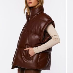 Brown Faux Leather Puffer Vest